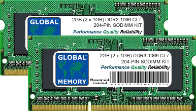 2GB (2 x 1GB) DDR3 1066MHz PC3-8500 204-PIN SODIMM MEMORY RAM KIT FOR TOSHIBA LAPTOPS/NOTEBOOKS